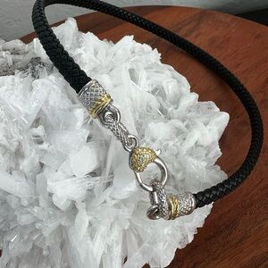 Judith Ripka JR TWO Sterling Silver 18K Diamond Leather Cord Necklace 15 3/4”